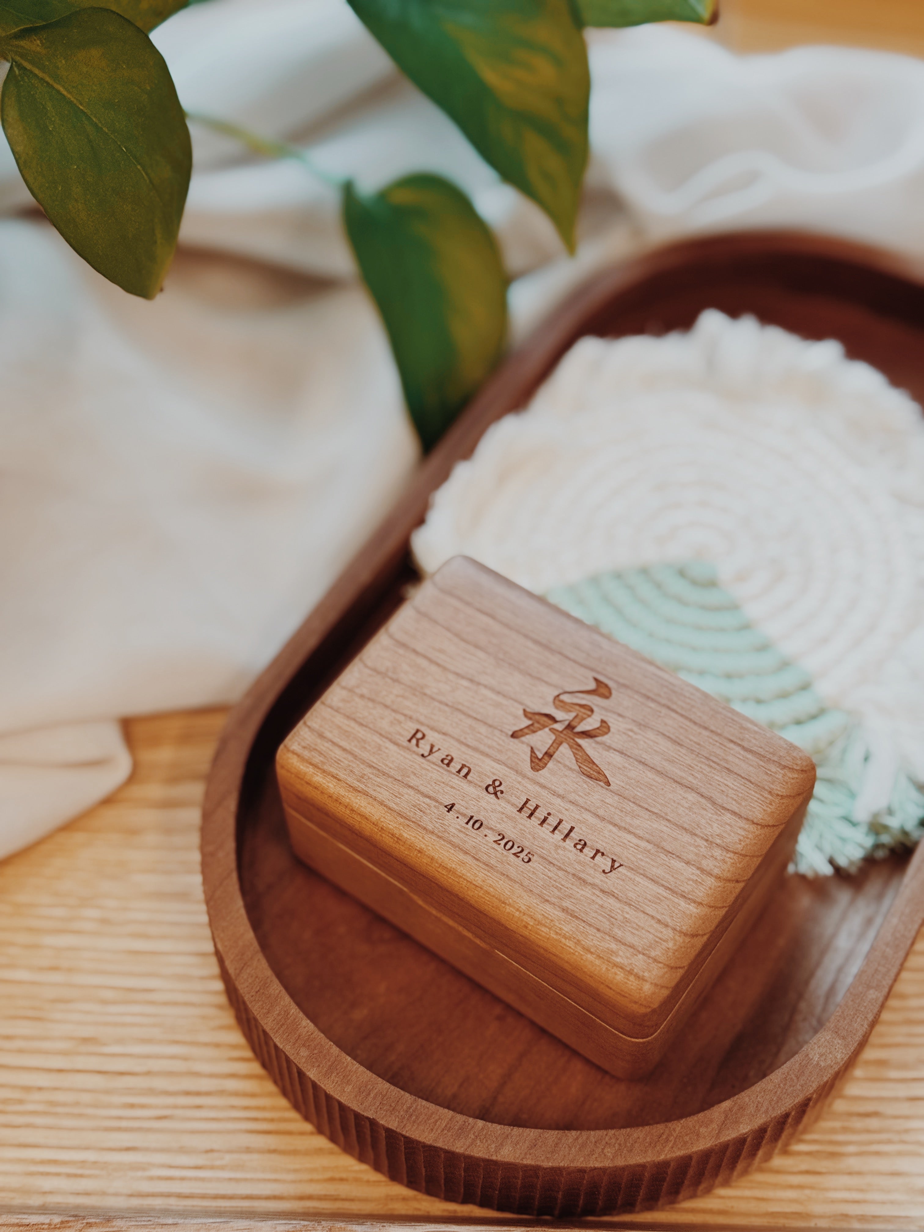 Custom wooden keepsakes including proposal ring boxes, watch boxes, necklace box, jewel box, and cufflink sets engraved with names or logos