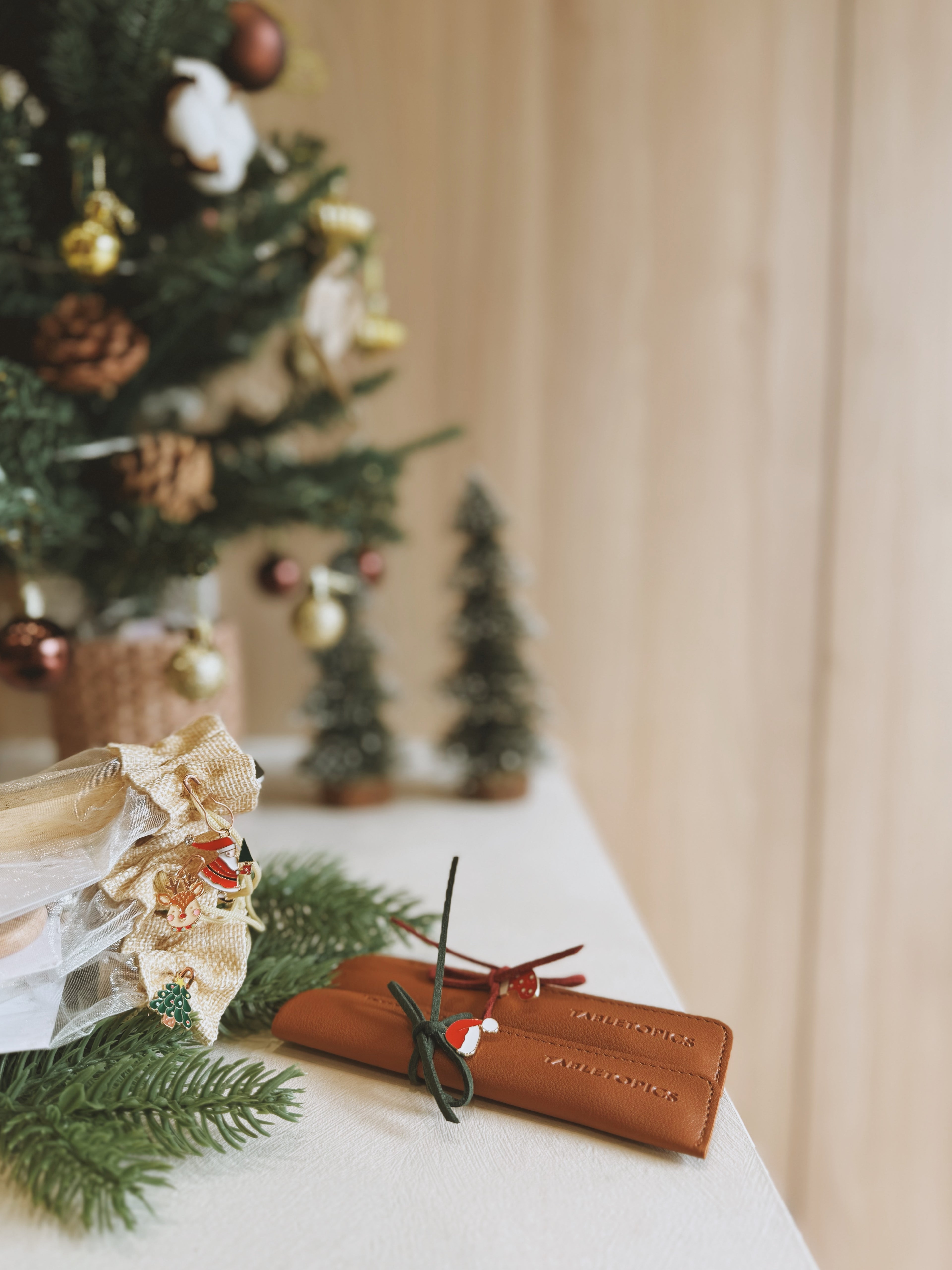 Decorative setting with a brown leather pouch, token gifts, and Christmas tree in the background.