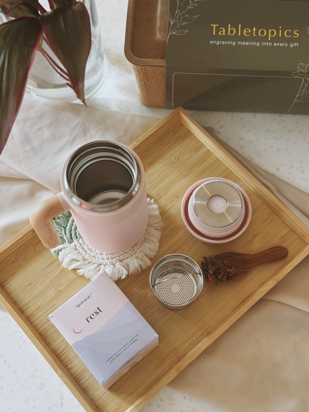 Mother's Day For Her Gentle Hours bundle – Rest tea blend, customised Tisane mug, Botanica Scent pillow mist, and engraved wooden letter in eco-friendly packaging.