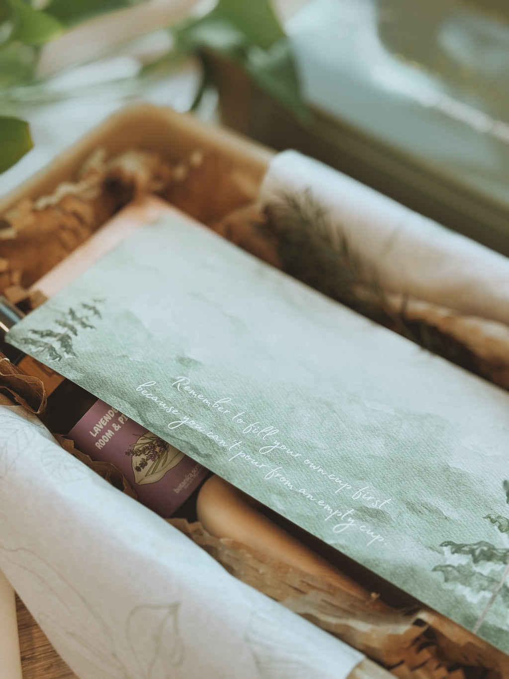 Mother's Day For Her Gentle Hours bundle – Rest tea blend, customised Tisane mug, Botanica Scent pillow mist, and engraved wooden letter in eco-friendly packaging.