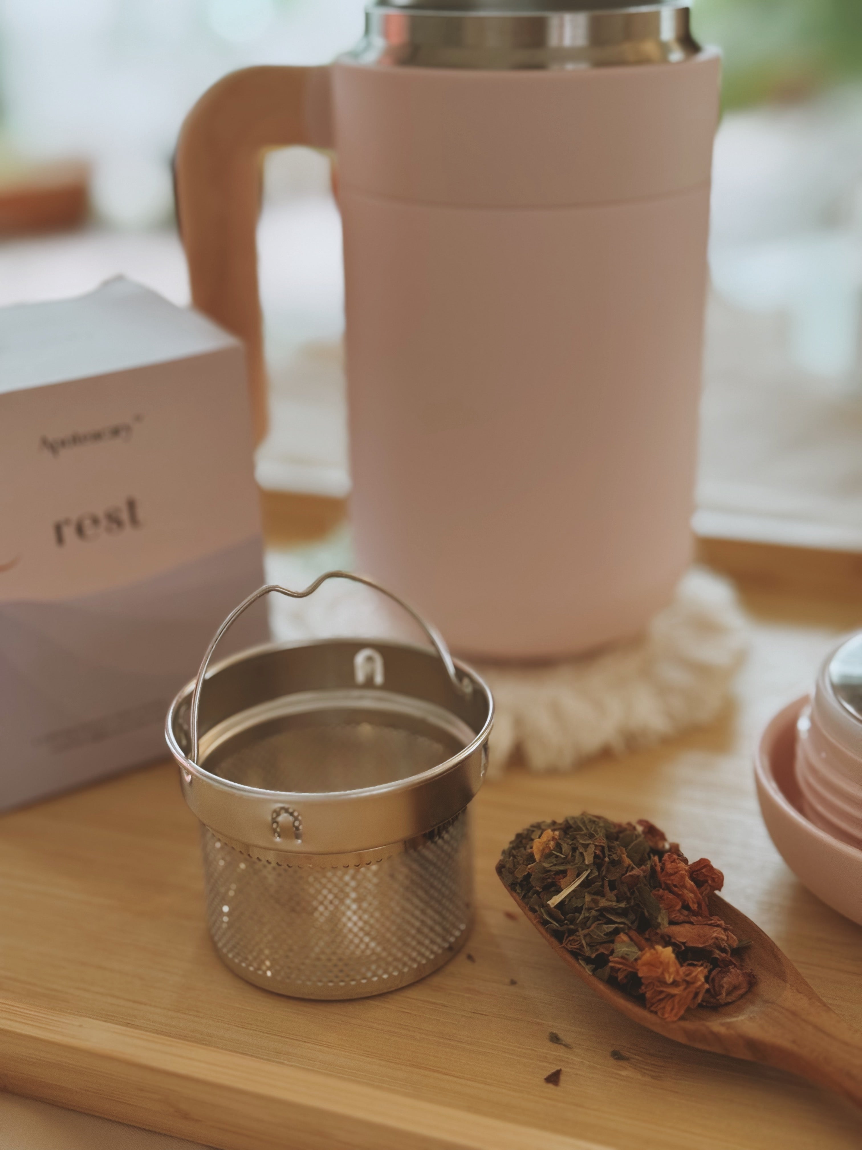 Mother's Day For Her Gentle Hours bundle – Rest tea blend, customised Tisane mug, Botanica Scent pillow mist, and engraved wooden letter in eco-friendly packaging.