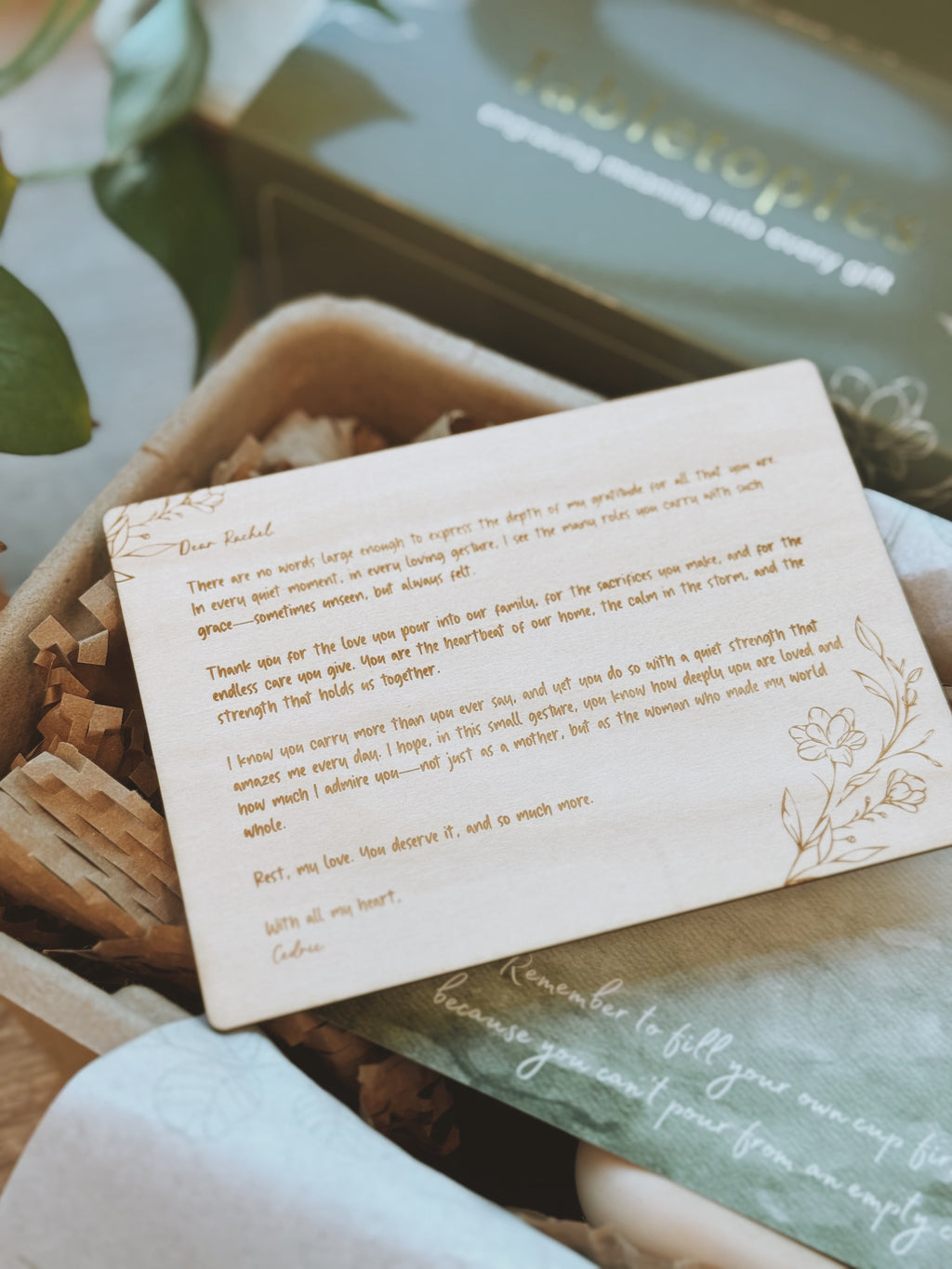 Mother's Day For Her Gentle Hours bundle – Rest tea blend, customised Tisane mug, Botanica Scent pillow mist, and engraved wooden letter in eco-friendly packaging.
