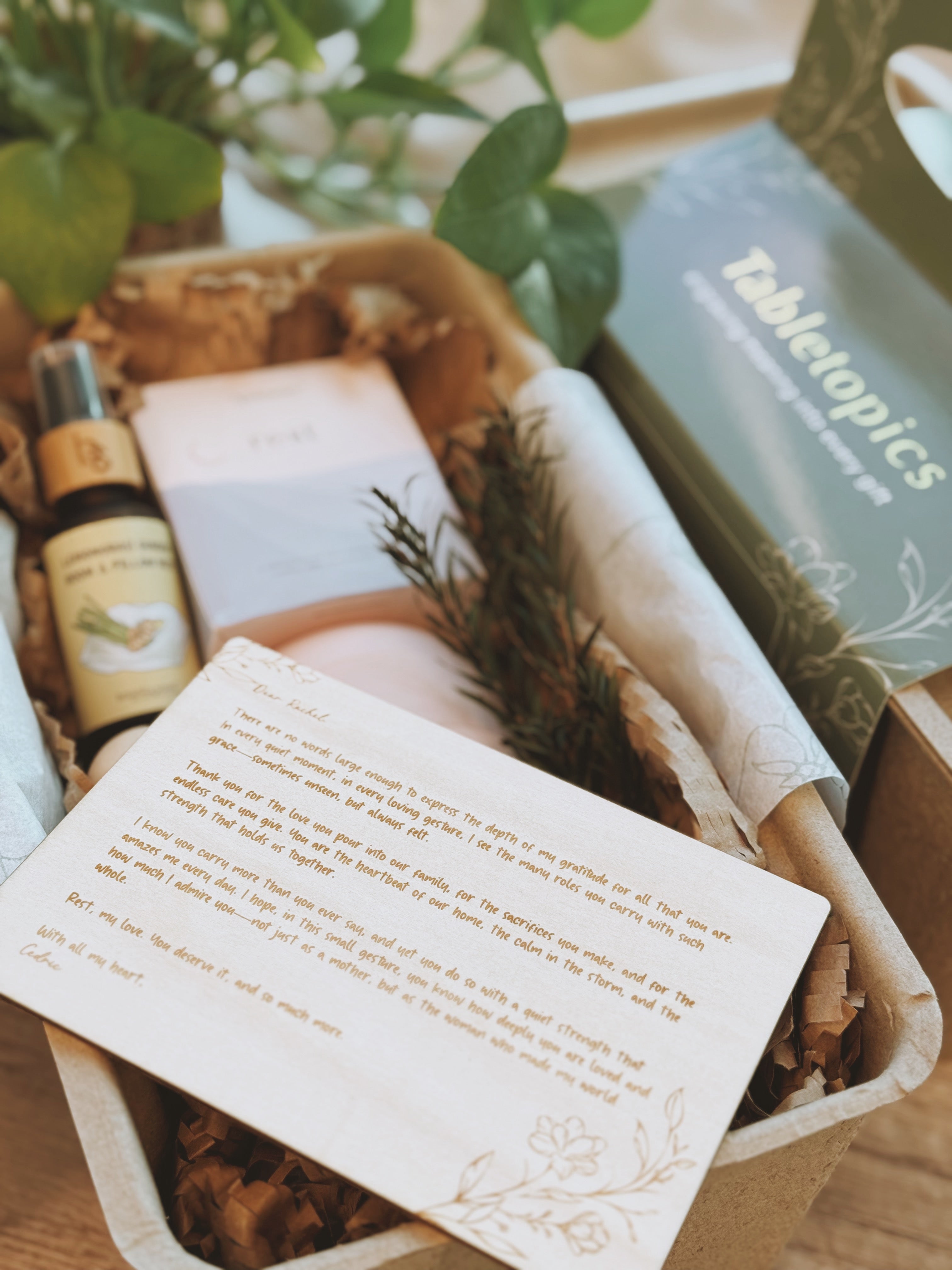 Mother's Day For Her Gentle Hours bundle – Rest tea blend, customised Tisane mug, Botanica Scent pillow mist, and engraved wooden letter in eco-friendly packaging.