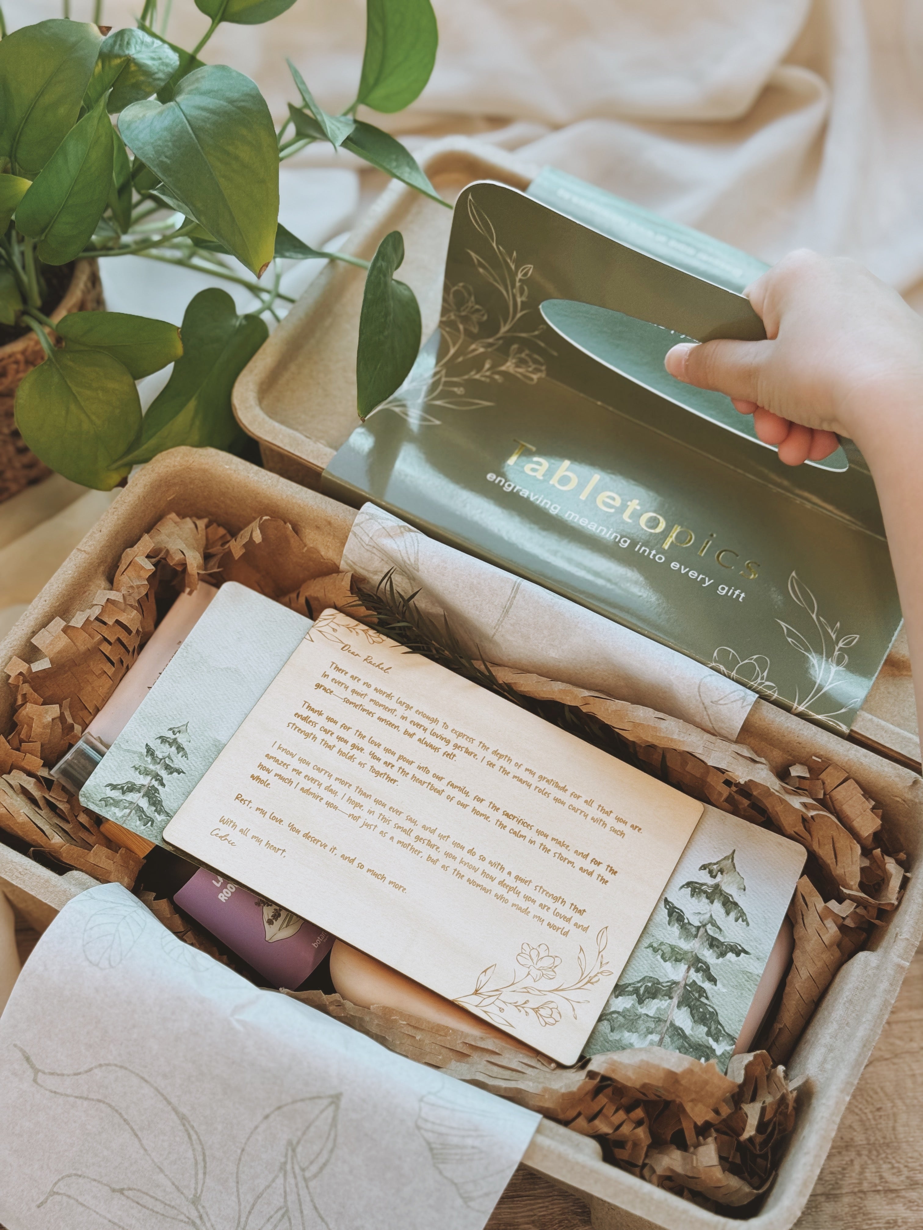 Mother's Day For Her Gentle Hours bundle – Rest tea blend, customised Tisane mug, Botanica Scent pillow mist, and engraved wooden letter in eco-friendly packaging.