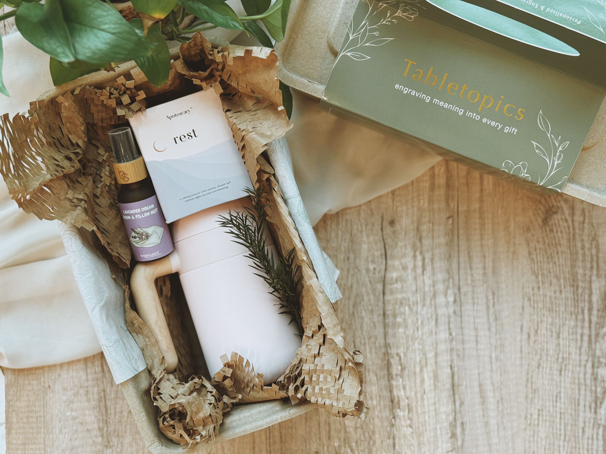 Curated gift bundle with engraved tumbler, Rest tea blend & pillow mist, designed for birthdays, farewells, appreciation and restful moments