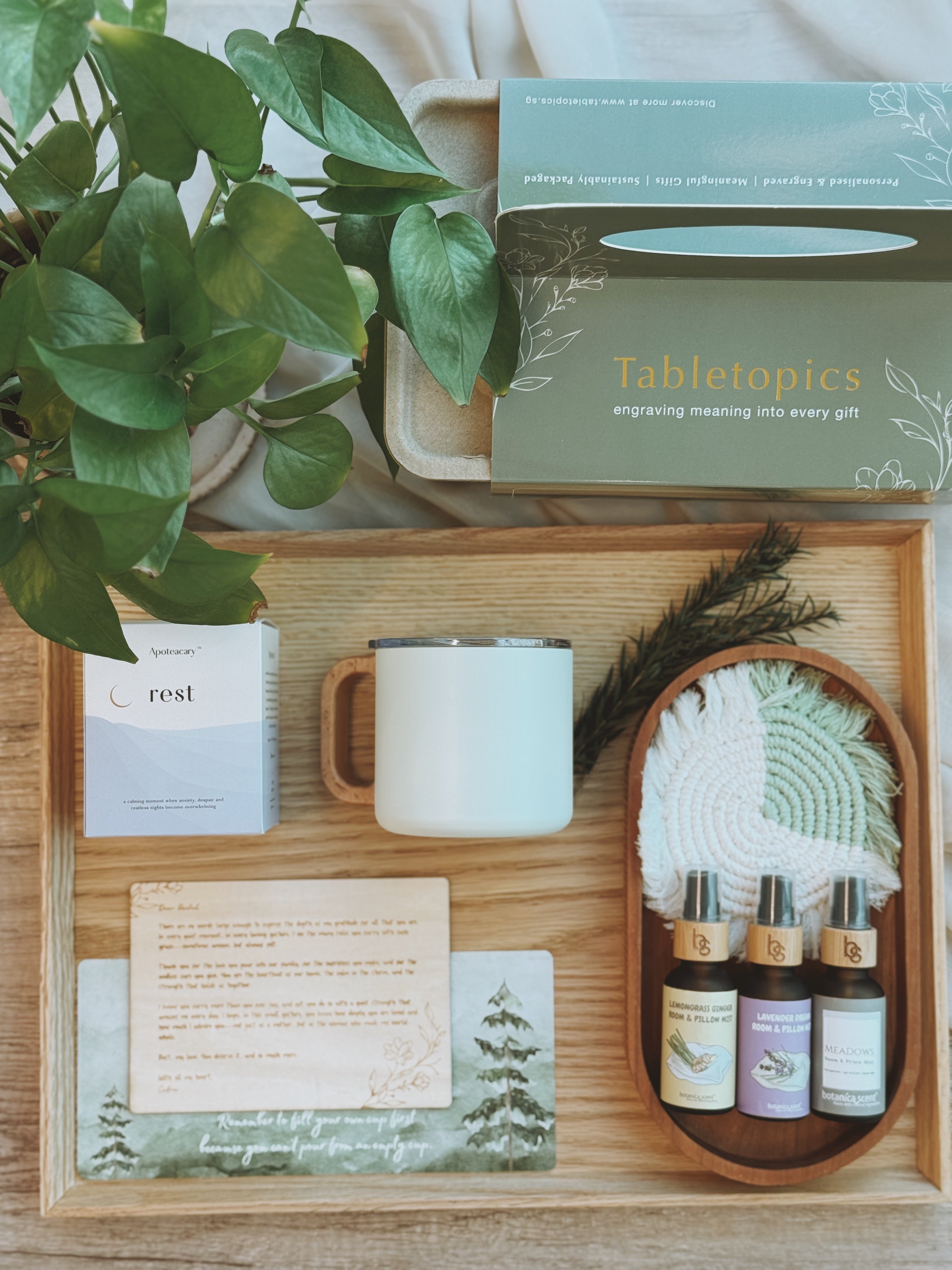 FoRest gift bundle for him featuring matt white ceramic mug, Meadows pillow mist. Gift for him.