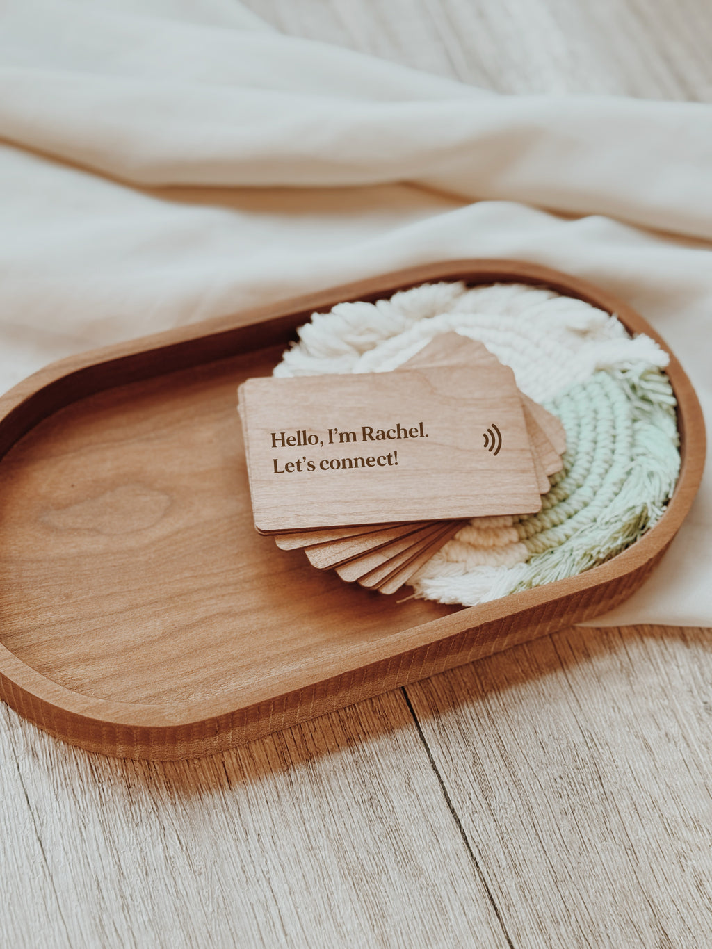 Personalized wooden NFC card for paperless business connections